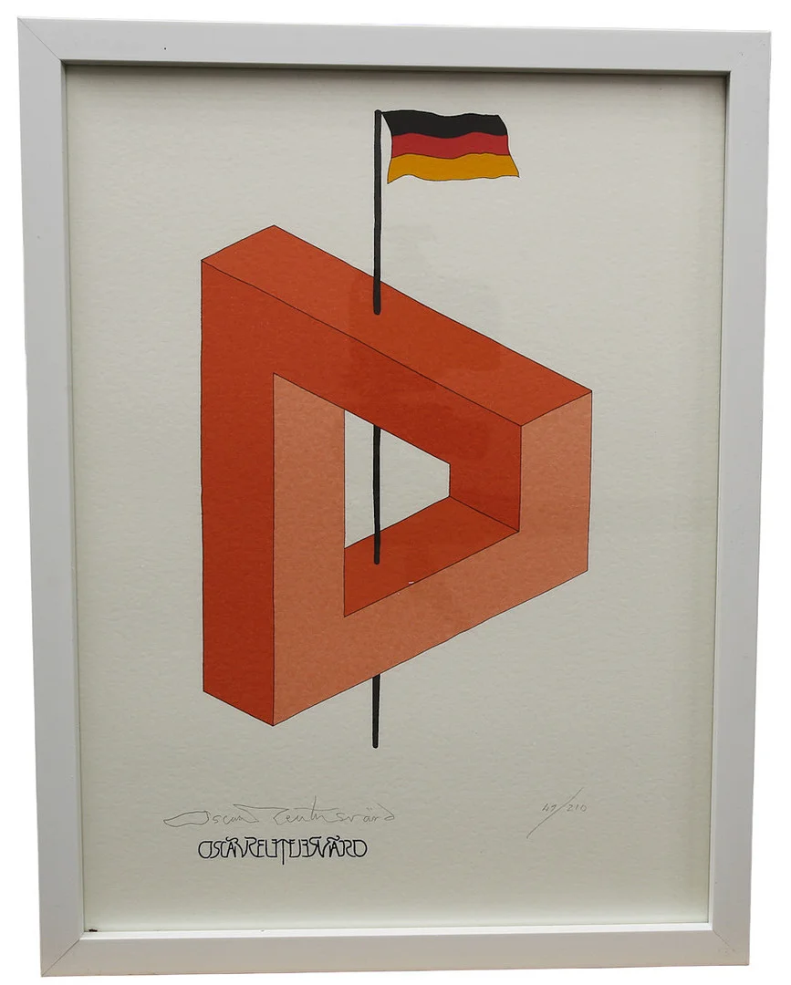 OSCAR REUTERSVÄRD. Färglitografi ur mappen "Fifteen European Impossible Figures". Tyskland, numrerad 52/210, signerad. — Engravings & Prints — Limhamns Auktionsbyrå