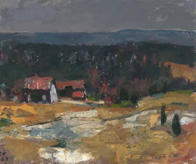 Enger, Erling — Landskap med hus, 1959