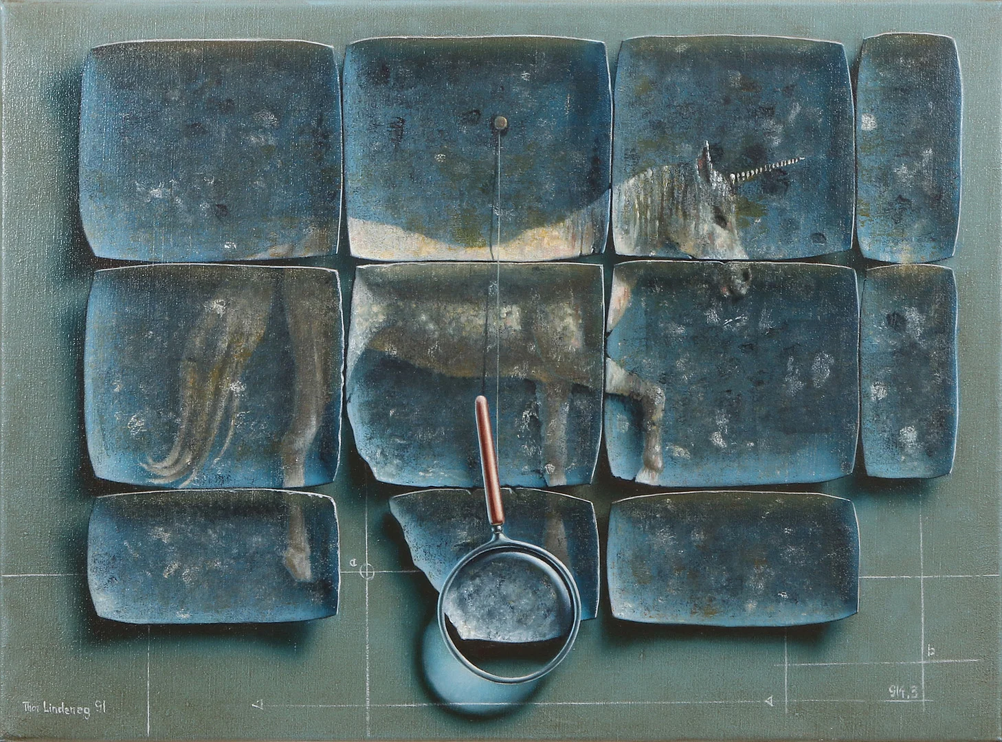 THOR LINDENEG (Danmark, född 1941). Oljemålning på duk, surrealistiskt motiv med enhörning och förstoringsglas, signerad och daterad 91. — Paintings — Skånes Auktionsverk