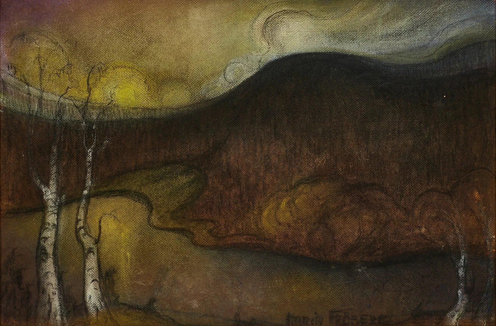 MARIA FRÖBERG (Västerås 1886-1962 Eskilstuna). Böljande landskap med fjällsjö, signerad Maria Fröberg, olja/blandteknik på pannå. — Paintings — Crafoord Auktioner Stockholm