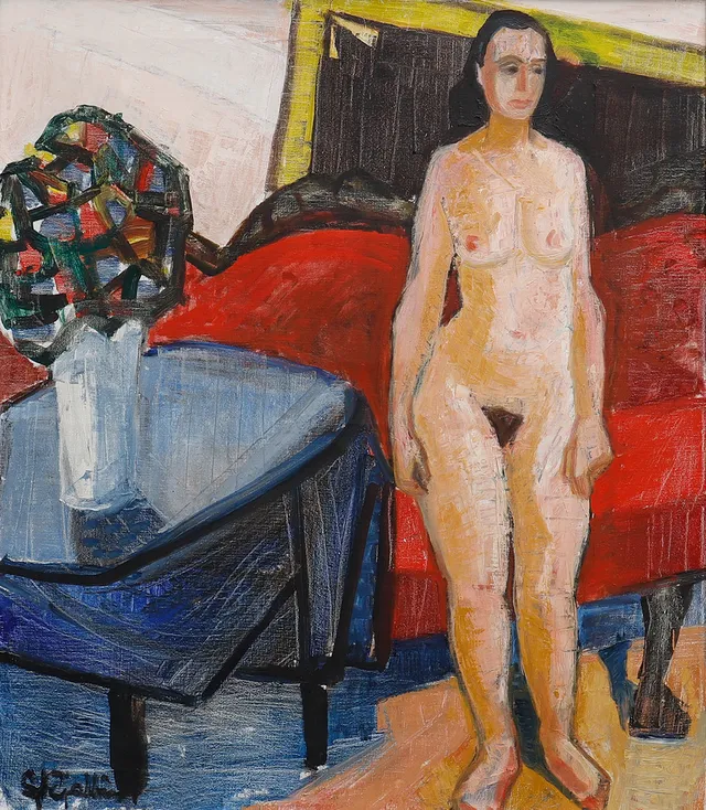 STIG KJELLIN. "MODELL MED RÖD SOFFA".