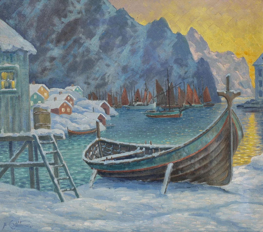 ALFRED COLLIN (Sverige, 1880-1944) ,"Nordlandsbåt Lofoten", signerad, olja på pannå. — Paintings — Crafoord Auktioner Stockholm