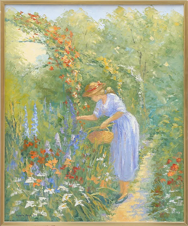 AGNETA AGGE KARLSSON. Blomsterkvinna, olja på duk, signerad.