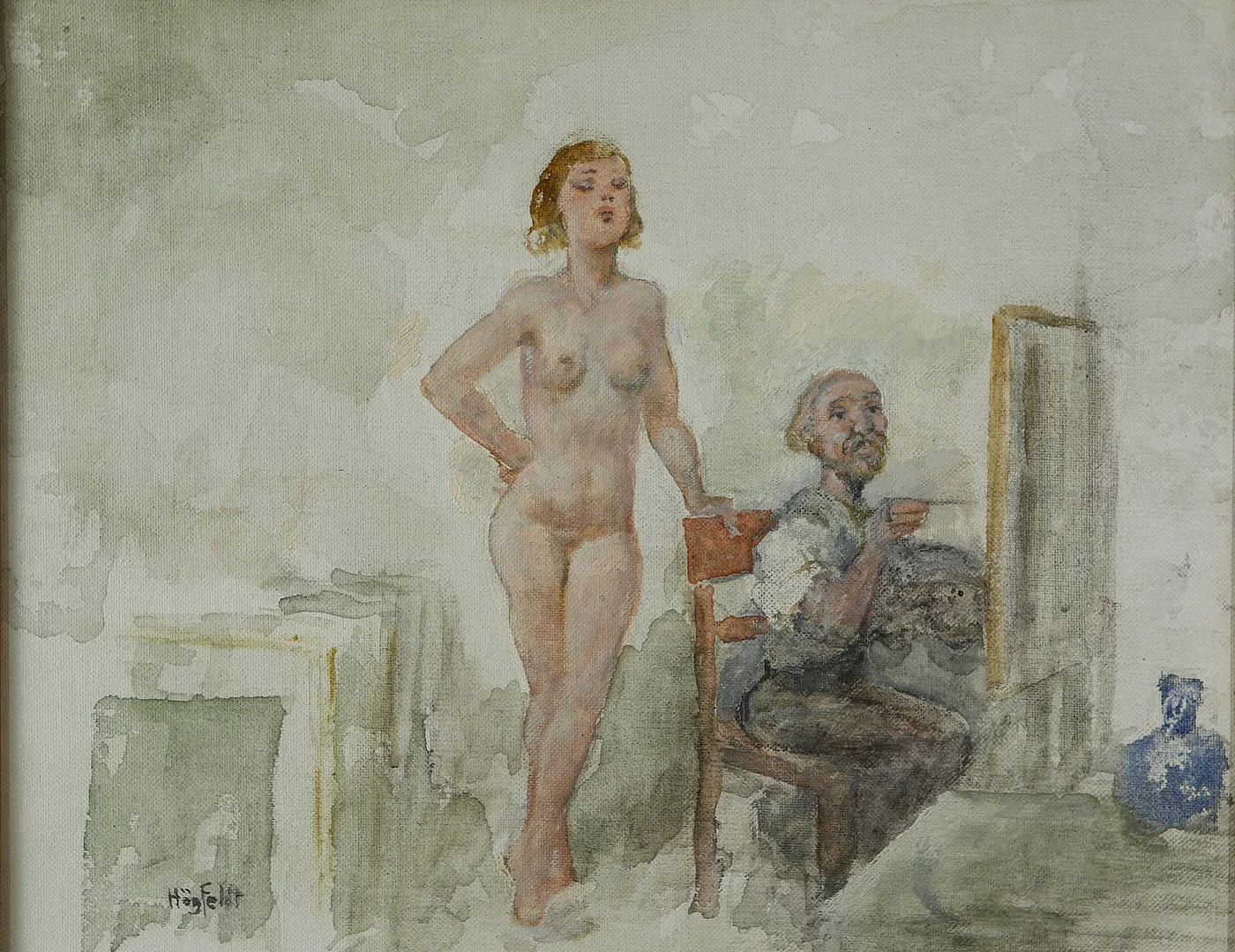ROBERT HÖGFELDT. Nakenstudie, akvarell på pannå, signerad. — Paintings — Auktionshuset Kolonn
