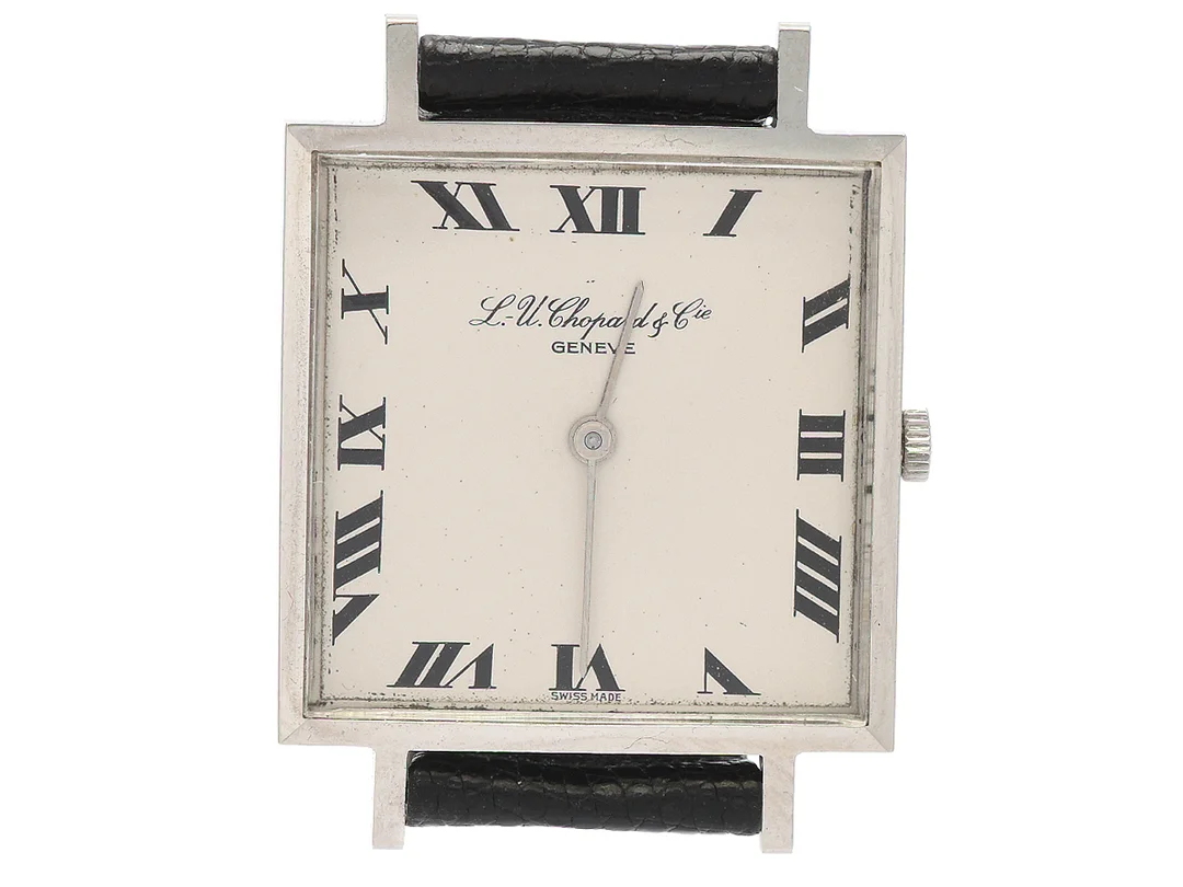 L.-U.Chopard & Cie, Genève, herrur, 30 mm, Cal 7000 (Peseux), Boett nr. 8001/3535, stål, manuell, plexiglas, skadad urtavla, skadad boett (se fördjupad information), läderband, ca 1970. — Klockor/Chopard — Kaplans