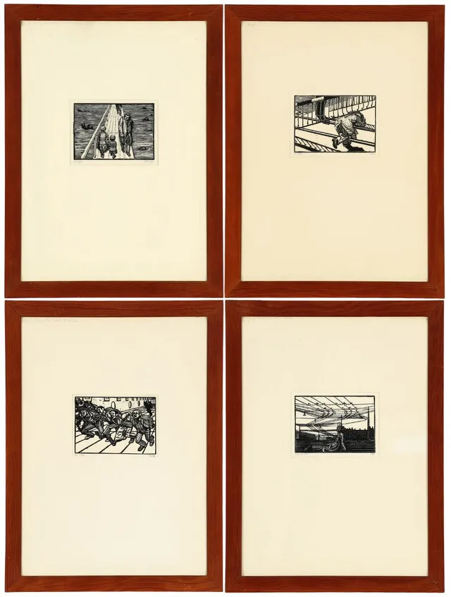 A set of four shifting frames in solid oregon pine, together with four woodcuts by Palle Nielsen. Frame: H. 72 cm. L. 53.5 cm. (4)