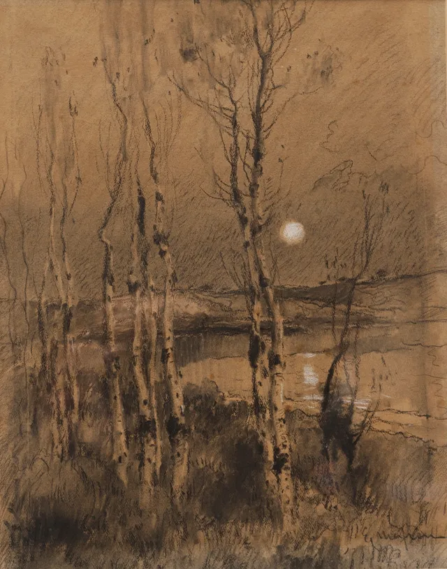 ELISEO MEIFRÉN. PAISAJE, carboncillo sobre papel. Firmado E. Meifren.