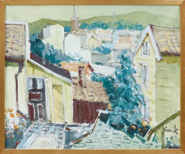TAGE GAVIK. "Gamla Kvarnbyn, Mölndal", olja på duk, signerad.