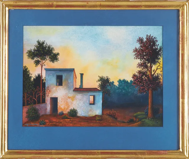 ULF HINDERS (FÖDD 1950). Hus i skogsdunge, gouache, signerad och daterad -83.