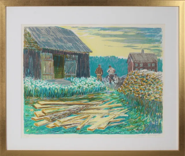 JOHAN LUNDGREN. Gårdsvy, färglitografi, signerad och numrerad 46/225 cm.