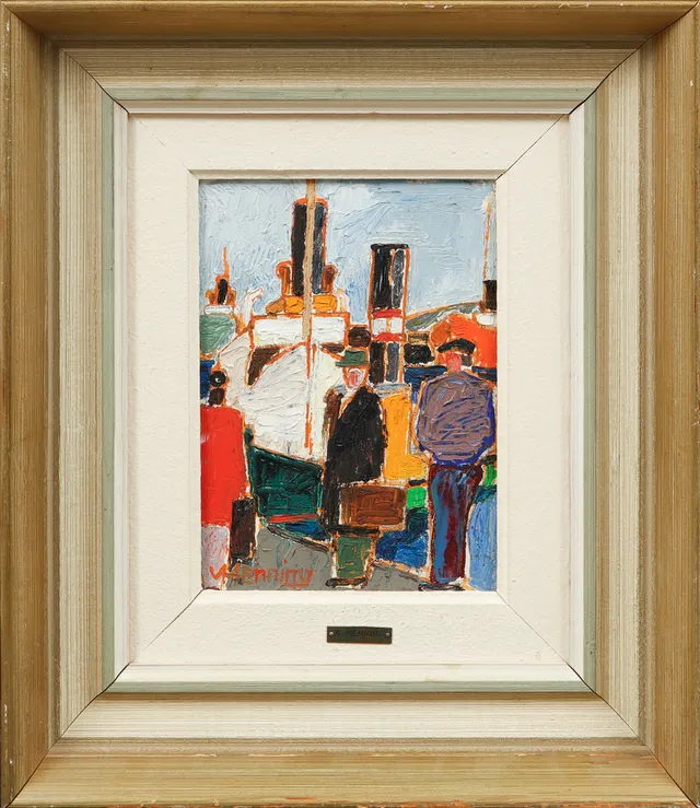 WILHELM HENNING. Skärgårdsbåtar i hamn, olja på pannå, signerad.