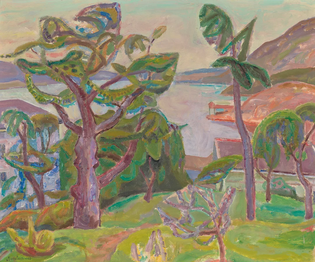 Storstein, Aage — "Gammelt morelltre mot fjorden" Holmsbu 1966 — Kunst/Maleri — Blomqvist