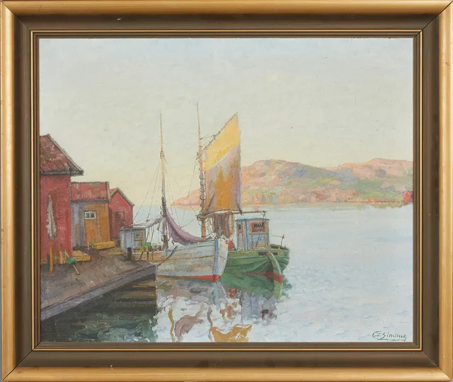 JENS SINDING CHRISTENSEN (Danmark 1888-1980): Fiskeläge, signerad C. J. Sinding, olja på duk.