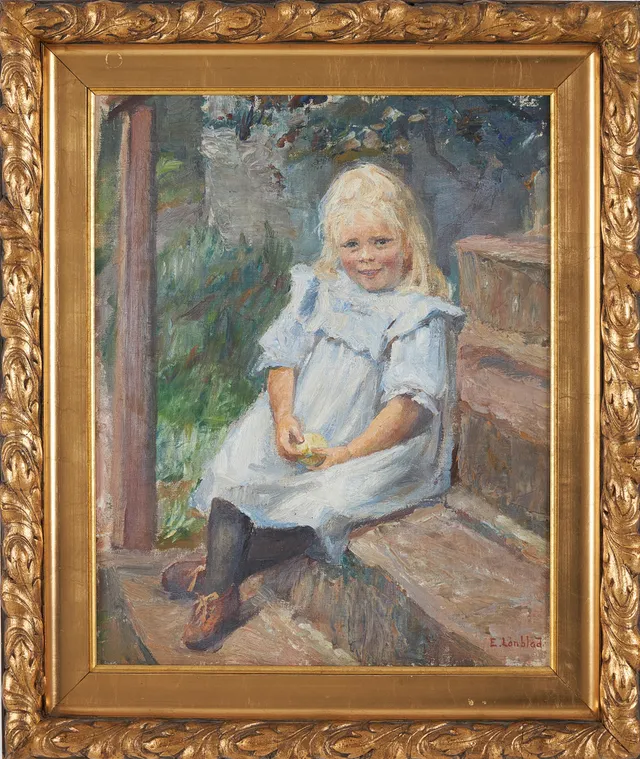 EMILIA LÖNBLAD. "Lily skomakarflicka", olja på duk, signerad, á verso skrift, Kivik 1899-1902.