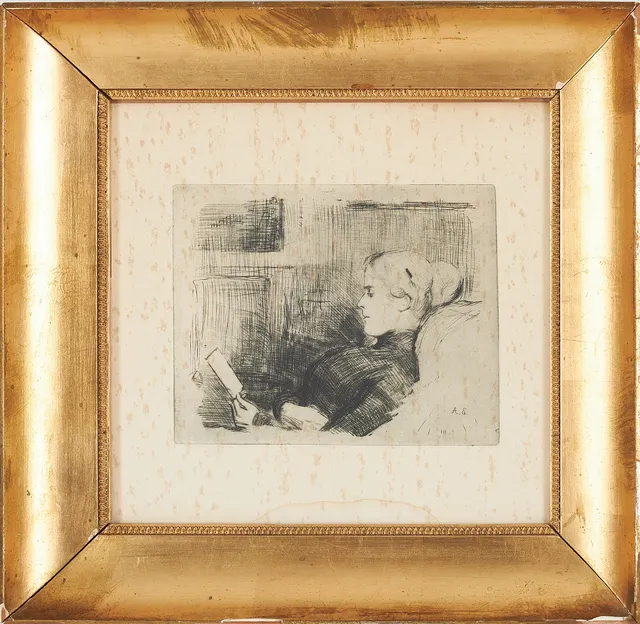 ALBERT EDELFELT. läsande kvinna, monogramsignerad i plåten, torrnålsetsning.