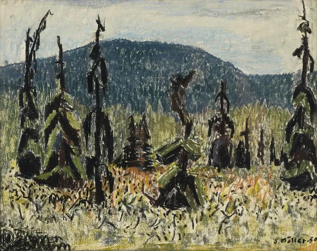 SIGURD MÖLLER (1895-1984). Fjällandskap med träd, signerad S. Möller, daterad -50, färgkrita.