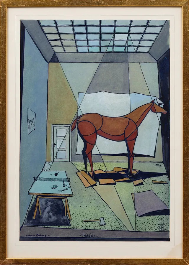 WALDEMAR MARBERG. "Trähästen", tempera, signerad och daterad 55.