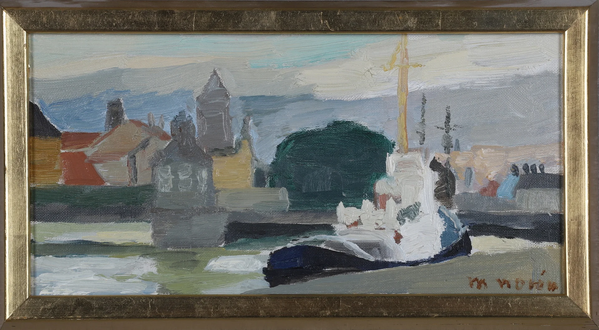 MARTIN NORÉN. Olja på duk, "Hamnmotiv", signerad och daterad 1966. — Paintings — Gomér & Andersson Norrköping