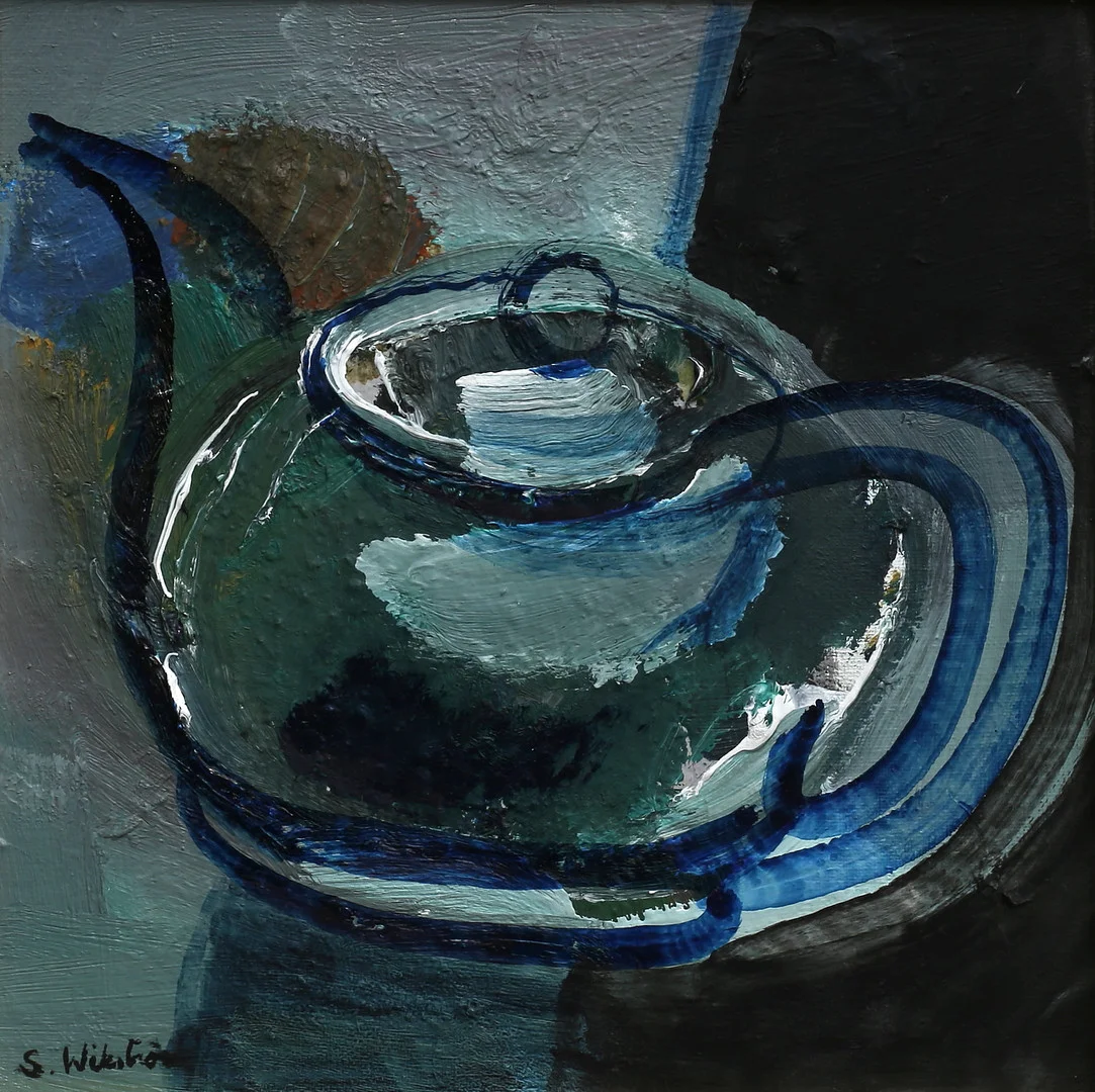 STURE WIKSTRÖM. "Tekanna". Olja på pannå, signerad. — Paintings — Auktionshuset Thelin & Johansson