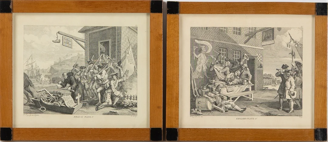 WILLIAM HOGARTH. EFTER. Gravyrer, 2 st, "France Plate 1" och "England Plate 2" ur sviten "The Invasion", graverade av Ernst Ludwig Riepenhausen. — Engravings & Prints — Stockholms Auktionsverk Helsingborg