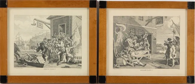 WILLIAM HOGARTH. EFTER. Gravyrer, 2 st, "France Plate 1" och "England Plate 2" ur sviten "The Invasion", graverade av Ernst Ludwig Riepenhausen.