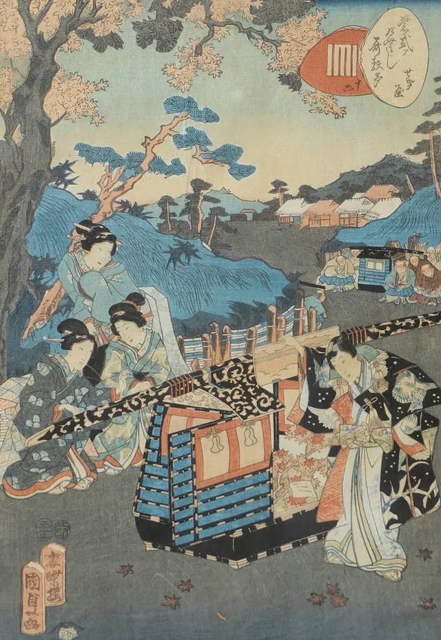 OIDENTIFIERAD KONSTNÄR. Figurscen, träsnitt, Japan, signerad med japanska tecken.
