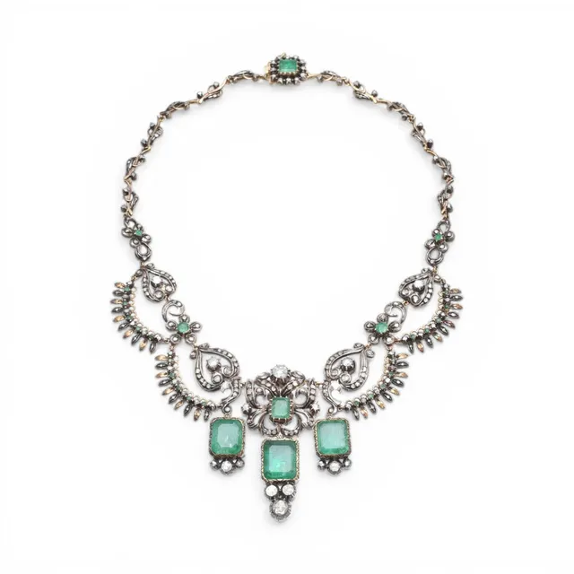 Historicist-style emerald and diamond necklace and earrings.