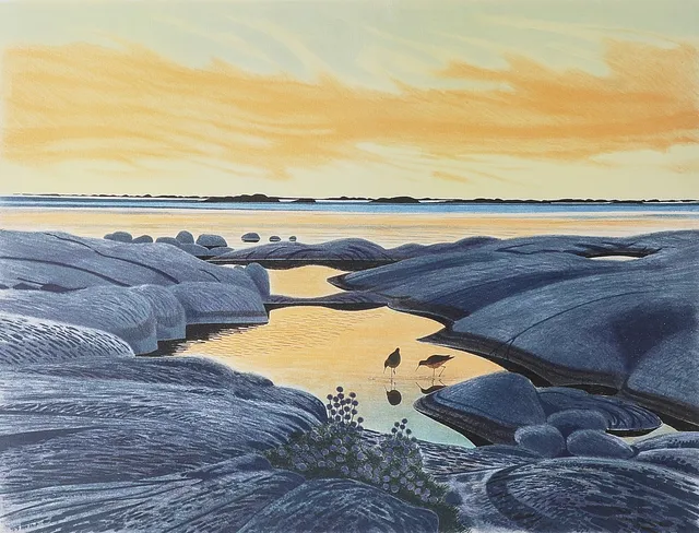 LARS HOLM. färglitografi, Solnedgång i skärgården.