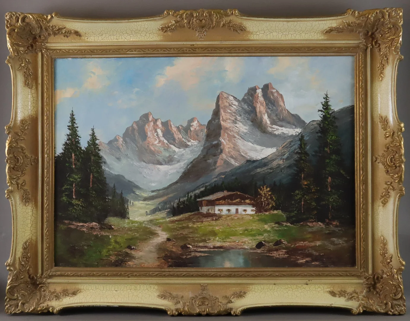 - UNBEKANNTER KÜNSTLER. - Berghütte vor der Gebirgspanorama, Mitte 20.Jh., Öl auf Leinwand. — Paintings — Auktionshaus Blank