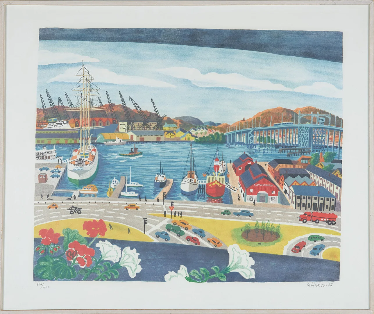 MONA HUSS WALIN. Motiv från Göteborgs hamn, färglitografi, signerad och daterad -77, numrerad 346/460. — Engravings & Prints — Stockholms Auktionsverk Sickla