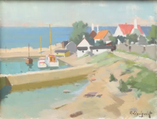 RAGNAR LINDQUIST (1906-1986). Hamnmotiv Bornholm, olja på duk, signerad.