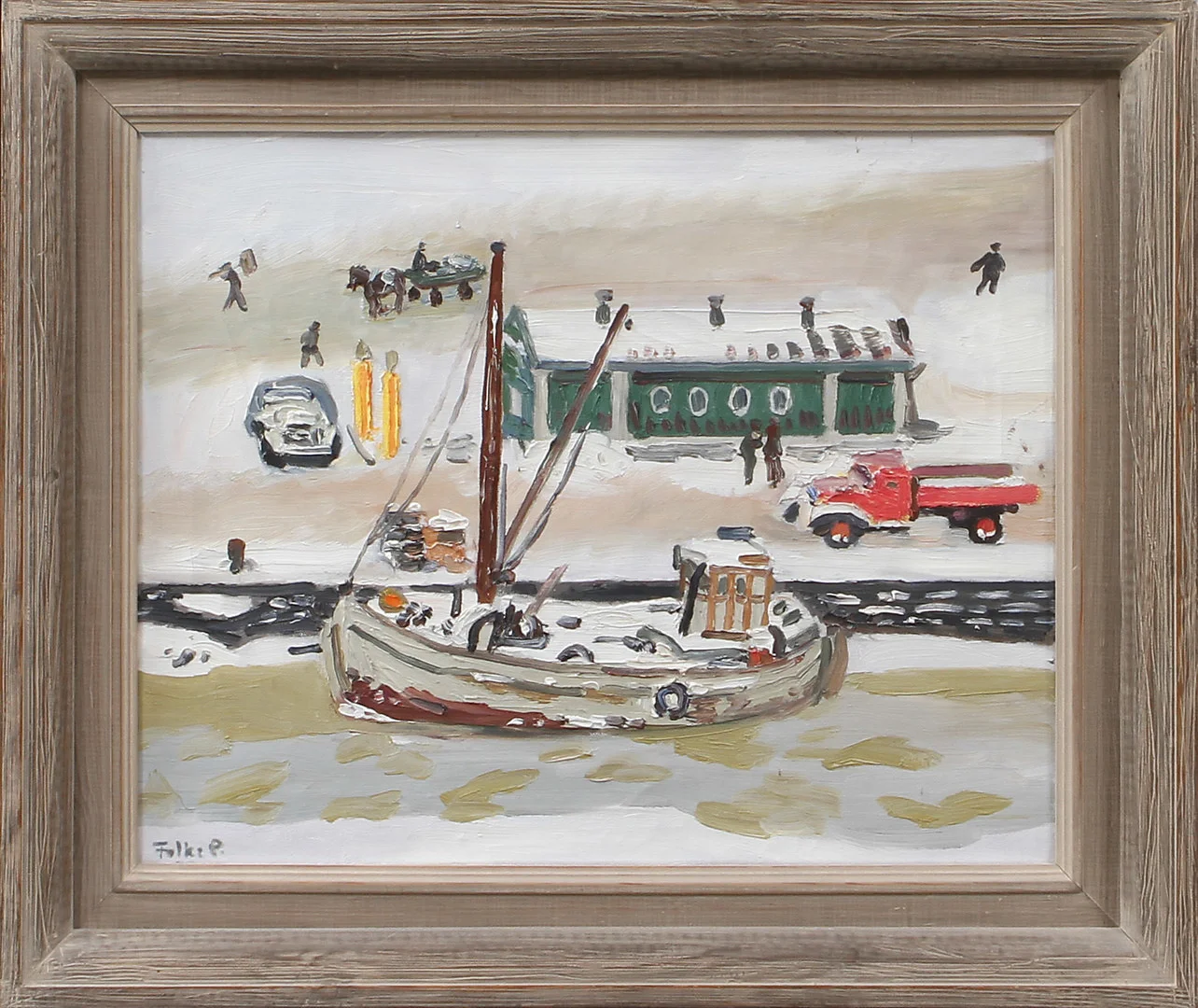 FOLKE PERSSON. "Hamnbild", olja på duk, signerad Folke P. — Paintings — Göteborgs Auktionsverk