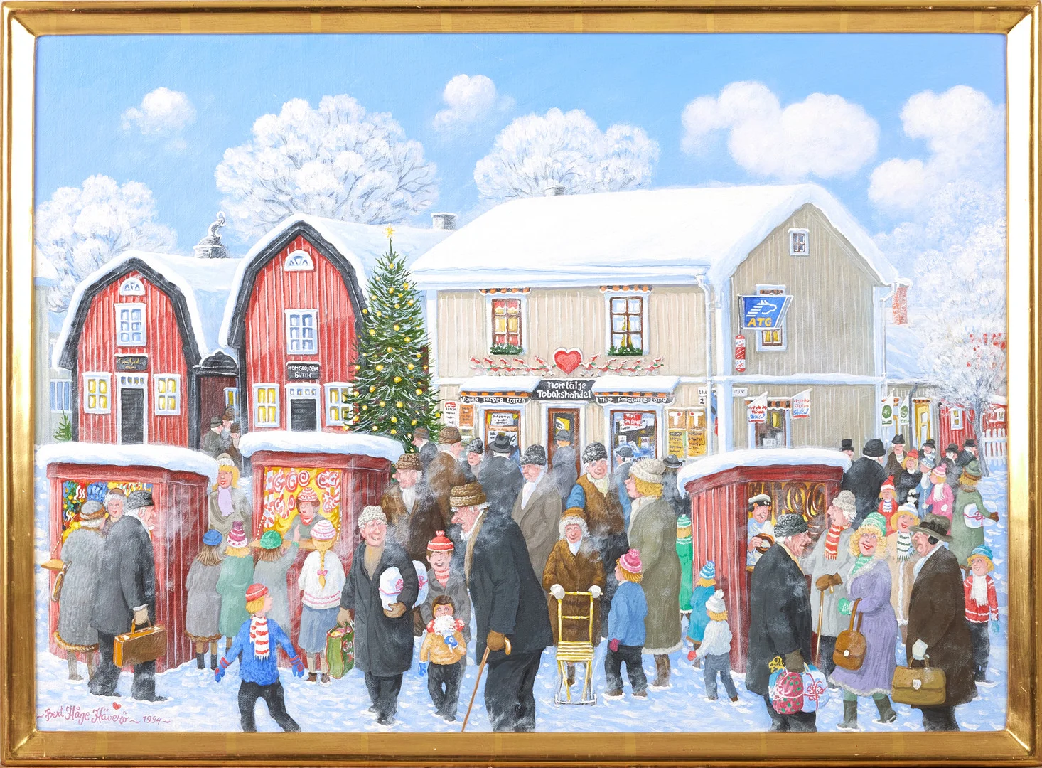BERT HÅGE HÄVERÖ. Julhandel vid lilla torget i Norrtälje, signerad och daterad 1994, olja på duk. — Paintings — Stockholms Auktionsverk Magasin 5