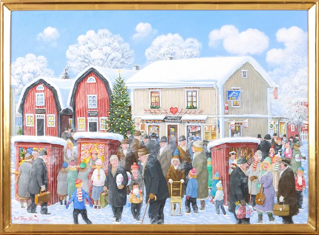 BERT HÅGE HÄVERÖ. Julhandel vid lilla torget i Norrtälje, signerad och daterad 1994, olja på duk.