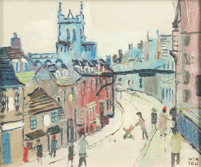 FRED YATES (1922-2008). STREET SCENE, NOW IDENTIFIED AS A SCENE IN STAMFORD, LINCOLNSHIRE.