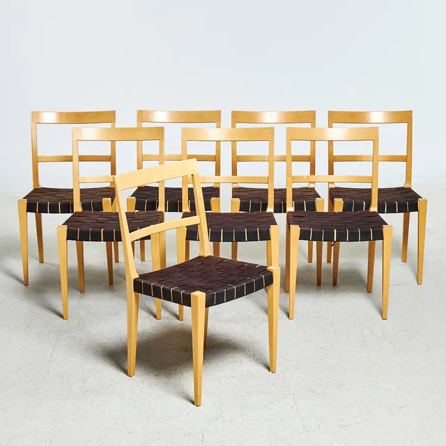BRUNO MATHSSON. "Mimat", stolar, 8 st, massiv björk, flätad sits i svart sadelgjord, brännmärkta Mathsson International 2007.