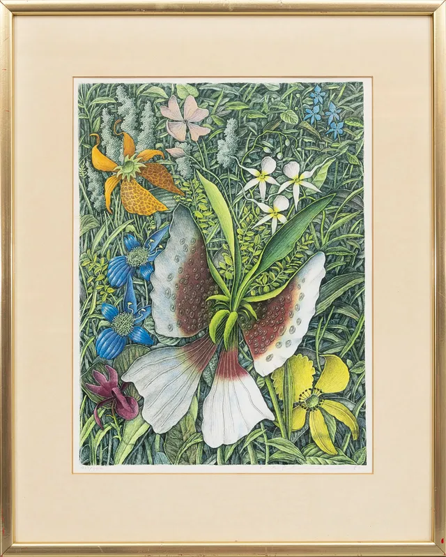 KARL AXEL PEHRSON. Exotiskt blomstermotiv, färglitografi, signerad, numrerad 419/500, daterad 81.