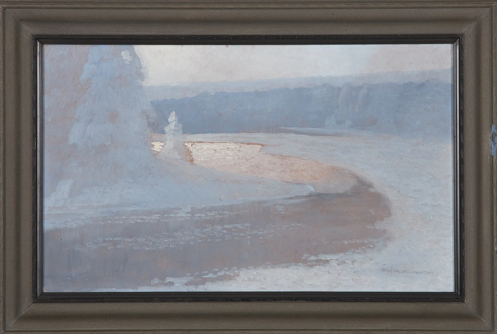 OLOF WALFRID NILSSON. Vinterlandskap, olja på pannå, signerad och daterad 1941. — Paintings — Stockholms Auktionsverk Sickla
