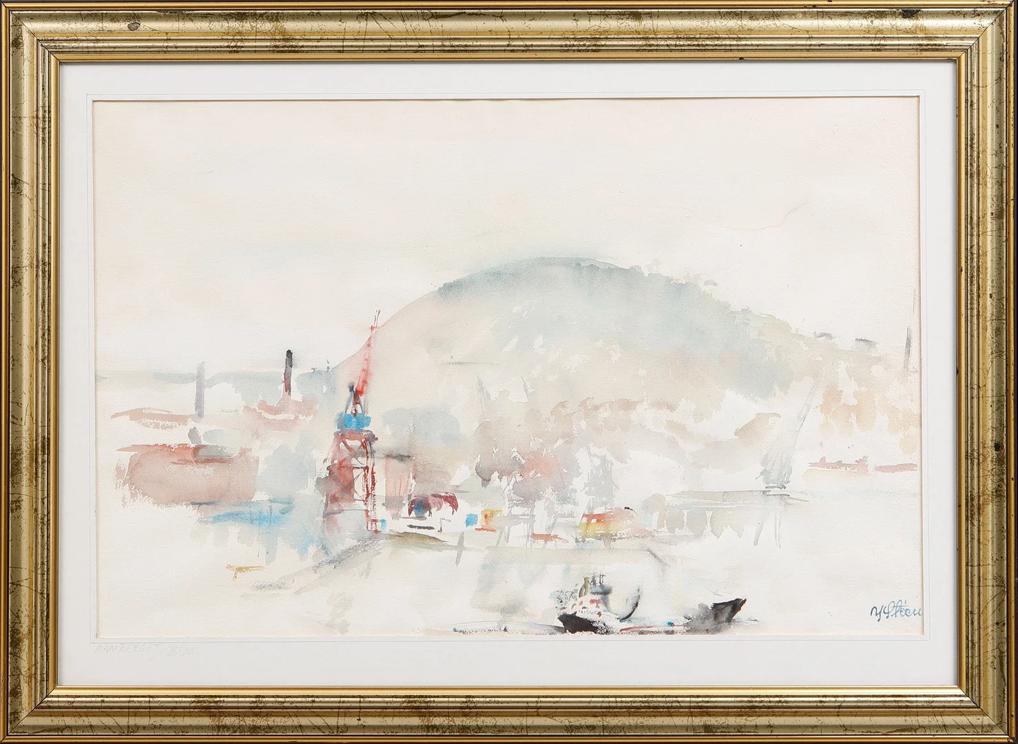 YNGVE STEEN. Hamnbild Ramberget, akvarell, signerad. — Paintings — Göteborgs Auktionsverk