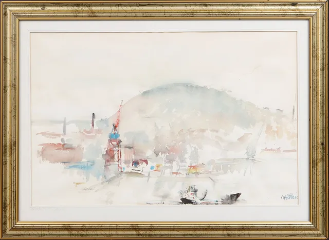 YNGVE STEEN. Hamnbild Ramberget, akvarell, signerad.