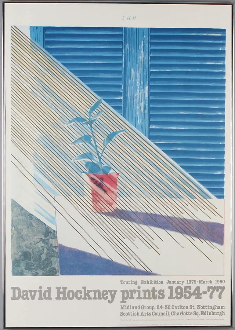 DAVID HOCKNEY. Utställningsaffisch, prints 1954-77, Touring Exhibition Januari 1979-March 1980. — Engravings & Prints — Auktionshuset Kolonn