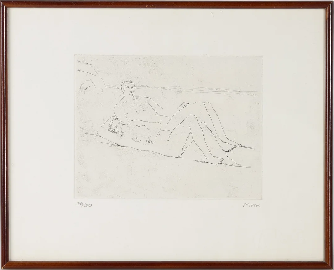 HENRY MOORE. "Reclining figures on beach", etsning. — Engravings & Prints — Stockholms Auktionsverk Helsingborg