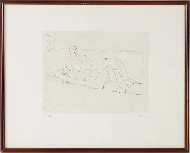 HENRY MOORE. "Reclining figures on beach", etsning.