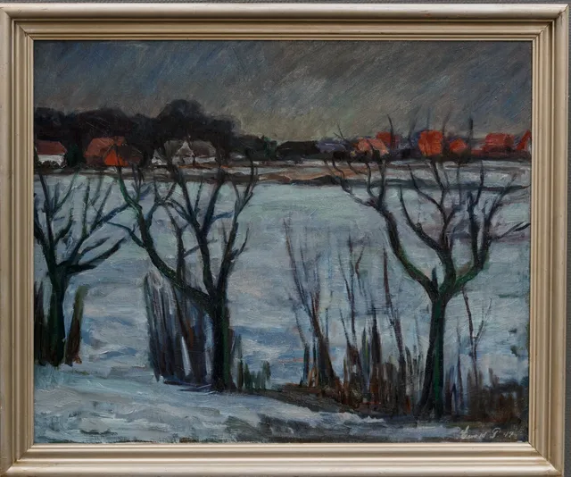Ewald Petersen . Olie på lærred . Vinterlandskab.