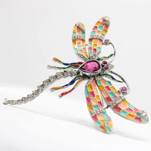 TOURMALINE, DIAMOND & RUBY DRAGONFLY BROOCH.