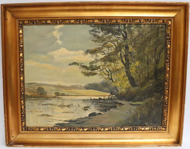 OIDENTIFIERAD KONSTNÄR. Landskap med vattendrag, 1900-talets början, oljemålning på duk, otydligt signerad.