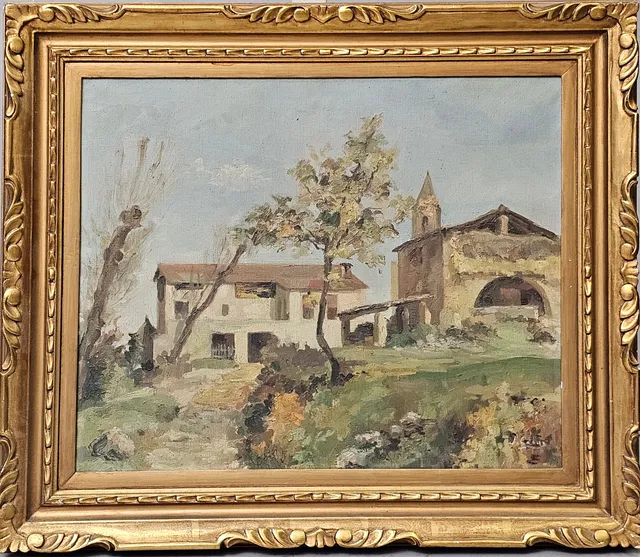 VISTA DE MASÍA CATALANA, ÓLEO SOBRE LIENZO DE JUAN CASAS, SIGLO XX.