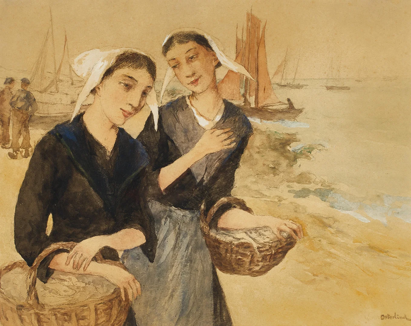 ALLAN ÖSTERLIND (1855-1938). Fiskarkvinnor på strand, signerad Österlind, akvarell på papper. — Paintings — Crafoord Auktioner Stockholm
