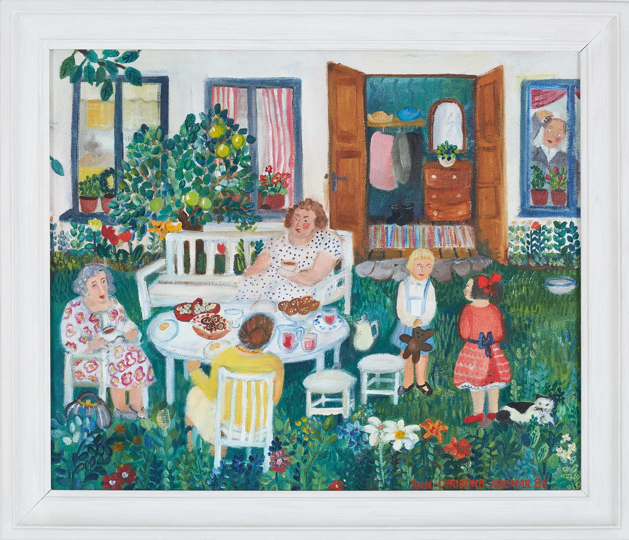 ANN-CHRISTINE JENSMAR. Komposition med figurer i trädgård, olja på duk, signerad samt daterad -86. — Paintings — Stockholms Auktionsverk Sickla