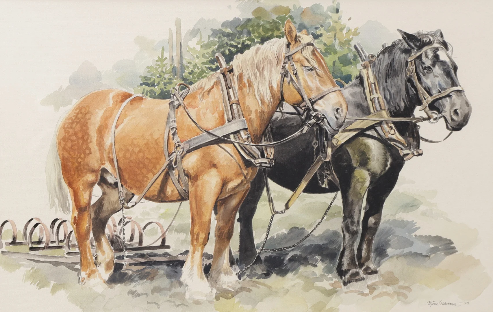 BJÖRN GIDSTAM. Akvarell, "Paus vid harven", signerad, daterad - 79. — Paintings — Växjö Auktionskammare